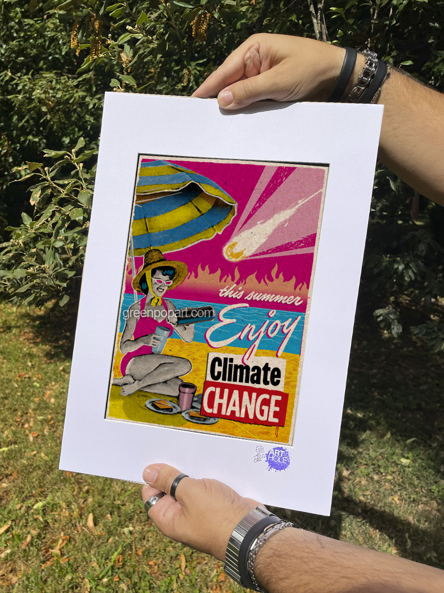 Enjoy Climate Change - Original Pop-Art printed on 100% recycled paper. Vintage, Vegan, 1950s, Summer