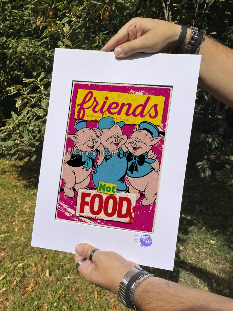 Friends not Food - Original Pop-Art printed on 100% recycled paper. Vintage, Vegan, 1930s, Three Little Pigs, Disney