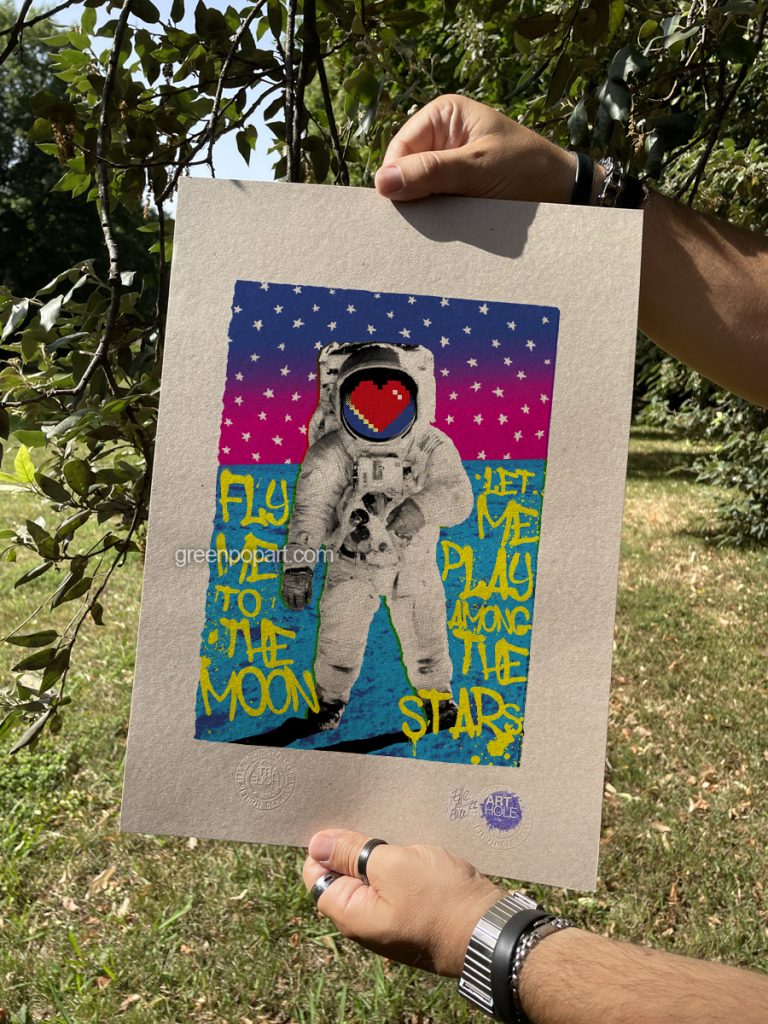 Space 1969 - Original Pop-Art printed on 100% recycled paper. Art Print, Vintage, First man on the Moon, Frank Sinatra, song