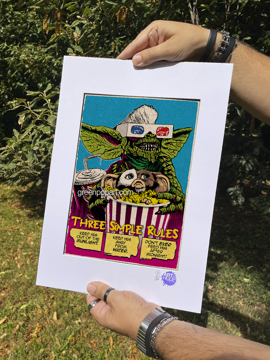 Never Feed a Mogwai after Midnight - Original Pop-Art printed on 100% recycled paper. Cult Movie, 80s, Gizmo, Gremlins, Horror