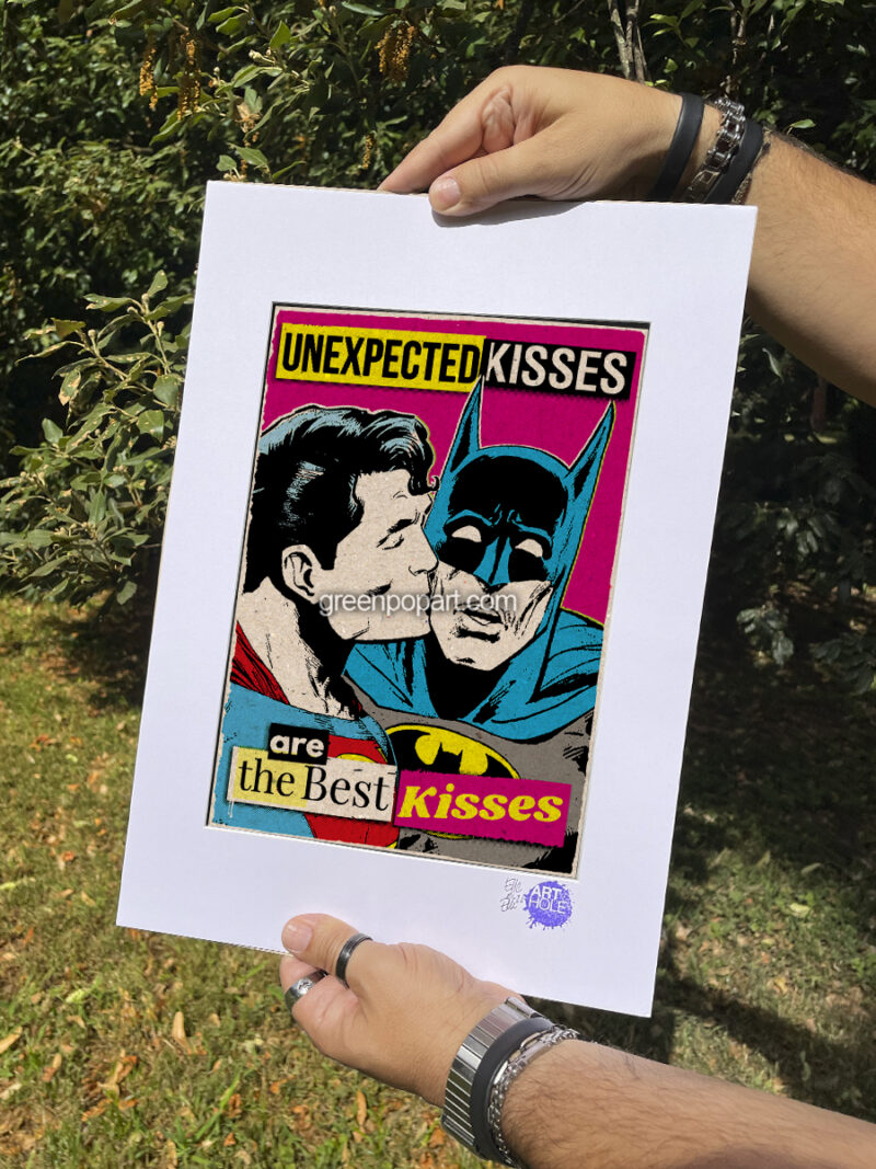 Unexpected Kiss - Original Pop-Art printed on 100% recycled paper. Cult Comics, Gay Kiss, Superman and Batman kissing, activism, gay rights, love