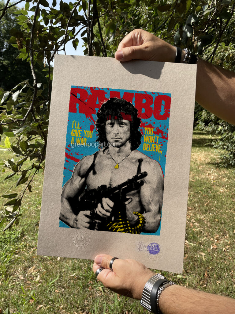 John Rambo - Original Pop-Art printed on 100% recycled paper. Cult Action Movie, 80s, Sylvester Stallone