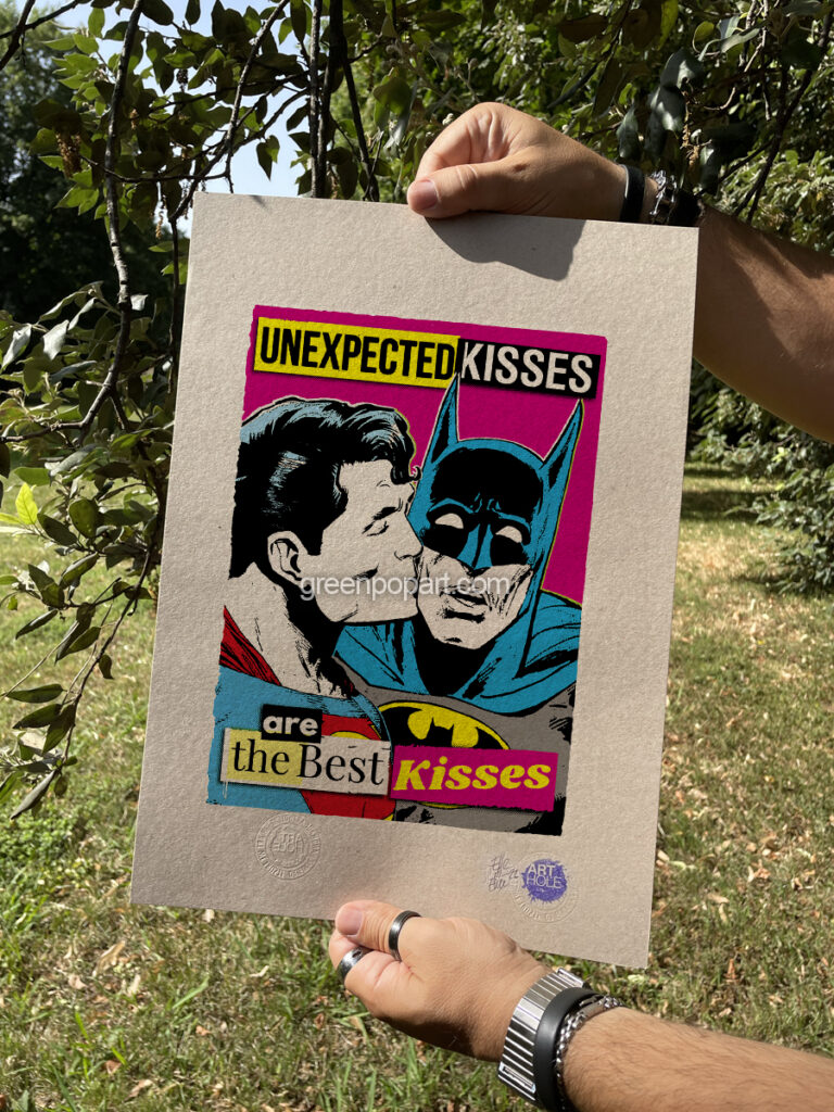 Unexpected Kiss - Original Pop-Art printed on 100% recycled paper. Cult Comics, Gay Kiss, Superman and Batman kissing, activism, gay rights, love