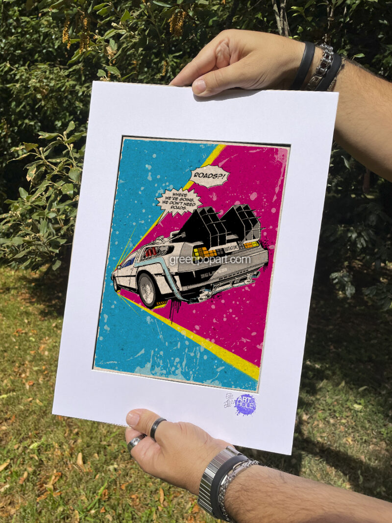 Delorean DMC 12 from Back to the Future - Original Pop-Art printed on 100% recycled paper. Cult Movie 80s, Doc Brown, Marty McFly