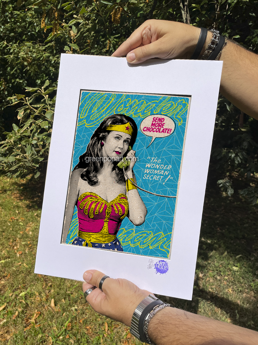 Send More Chocolate - Original Pop-Art printed on 100% recycled paper. Vintage, Vegan, Humor, 70s Wonder Woman, Feminist, Motivational, Lynda Carter
