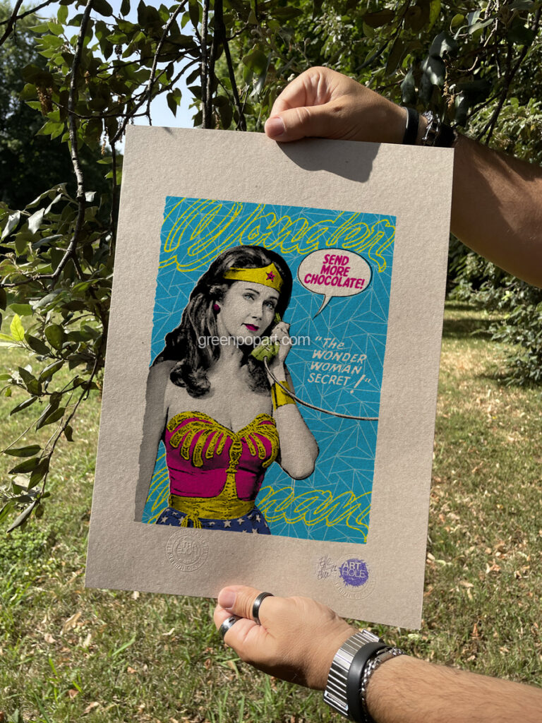 Send More Chocolate - Original Pop-Art printed on 100% recycled paper. Vintage, Vegan, Humor, 70s Wonder Woman, Feminist, Motivational, Lynda Carter